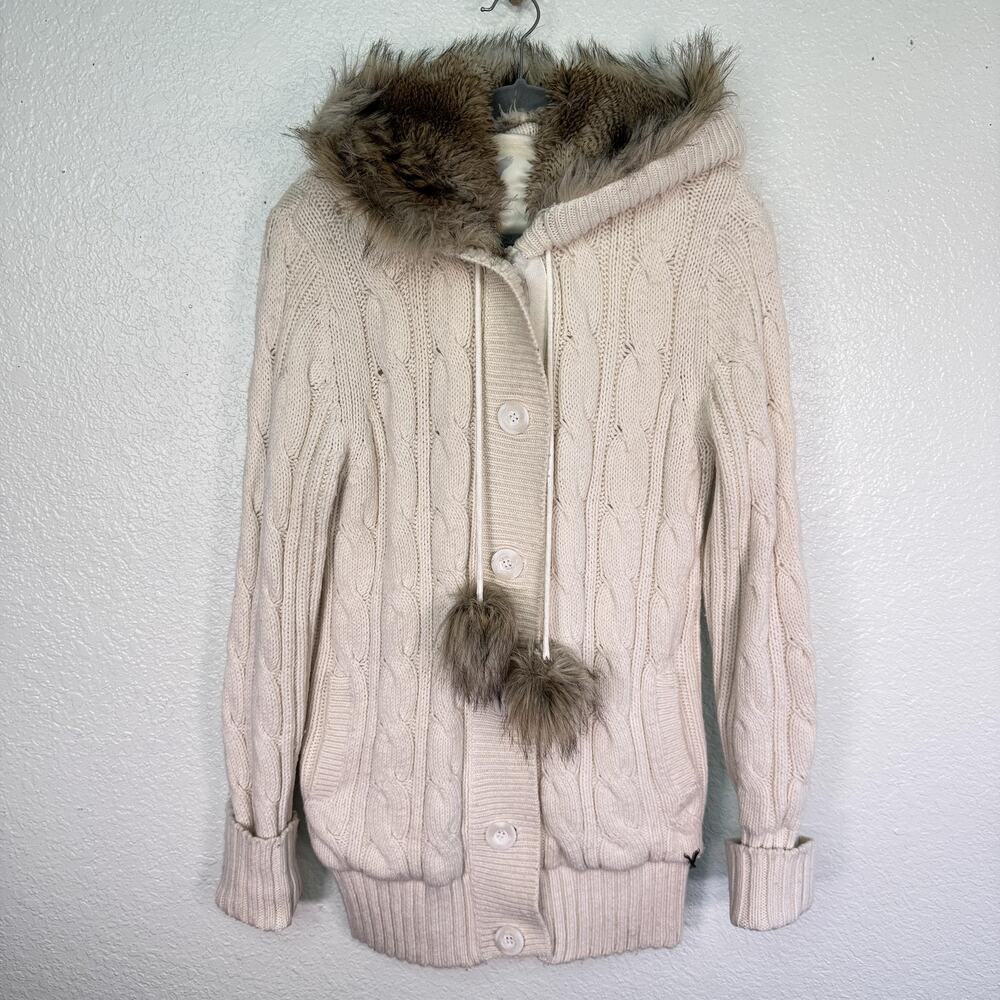 Vintage American Eagle Cardigan Womens Large Y2K Cable Knit Chunky Fur Trim Hood